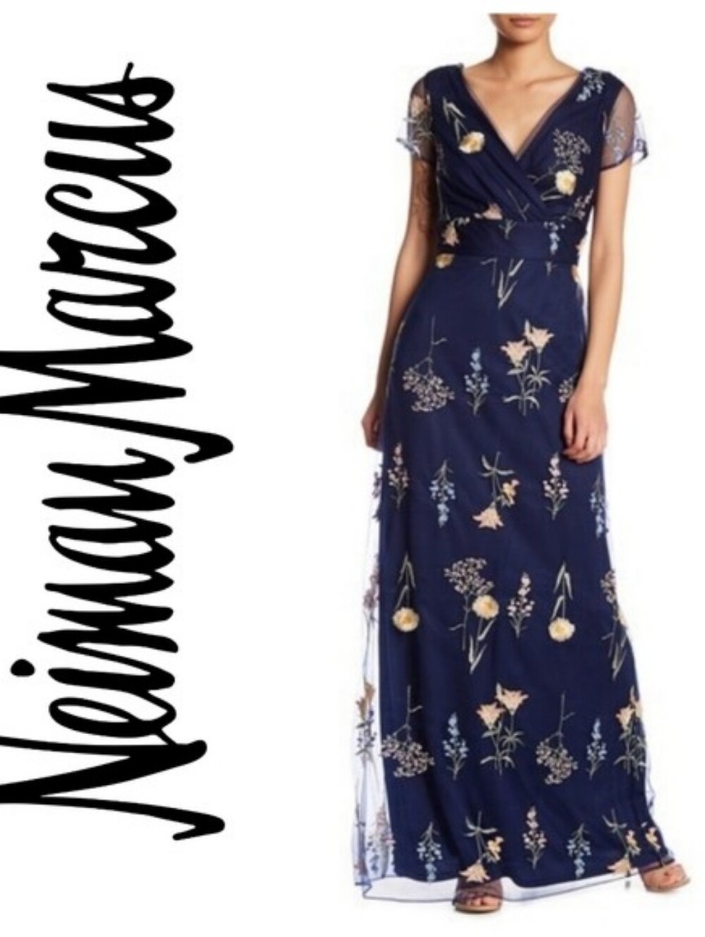 Leslie Fay Navy Floral Embroidered V-Neck Maxi Dress. Sz 12